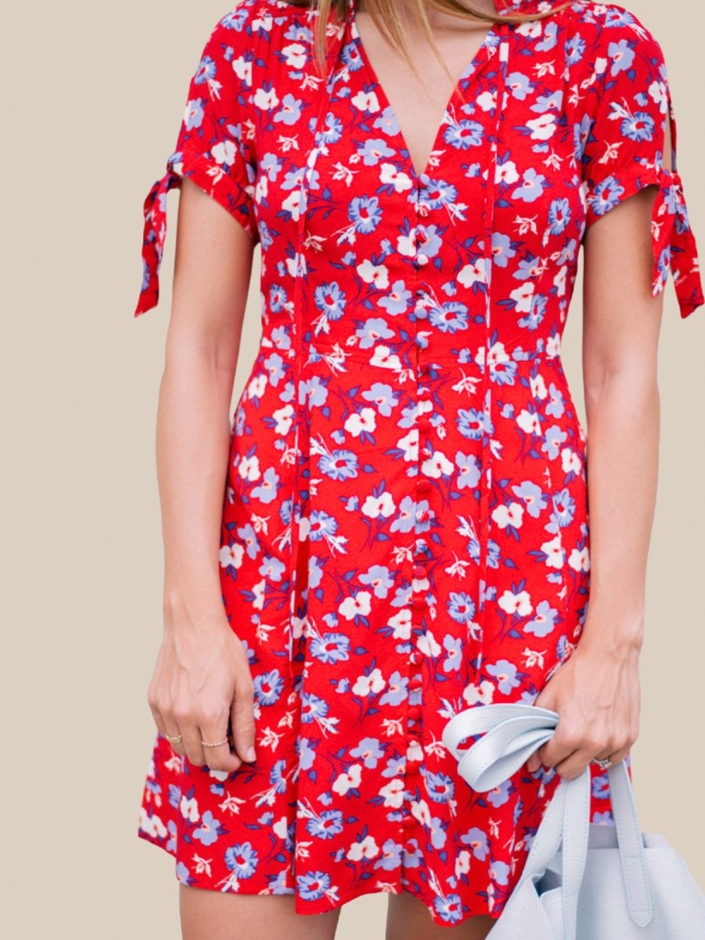 Express Red Blue Floral Button Front Sundress Tie Short Sleeve V Neck SZ L